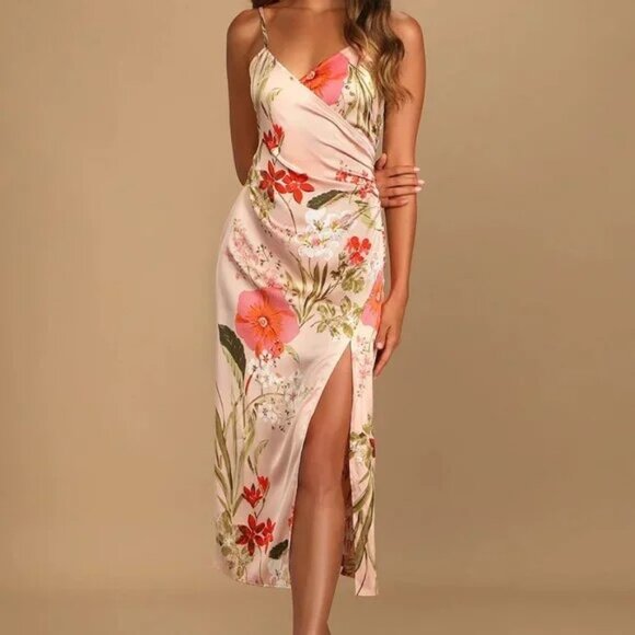 Lulu’s Satin Pink Floral Midi Slip Dress with thigh slit (S) - Picture 2 of 10